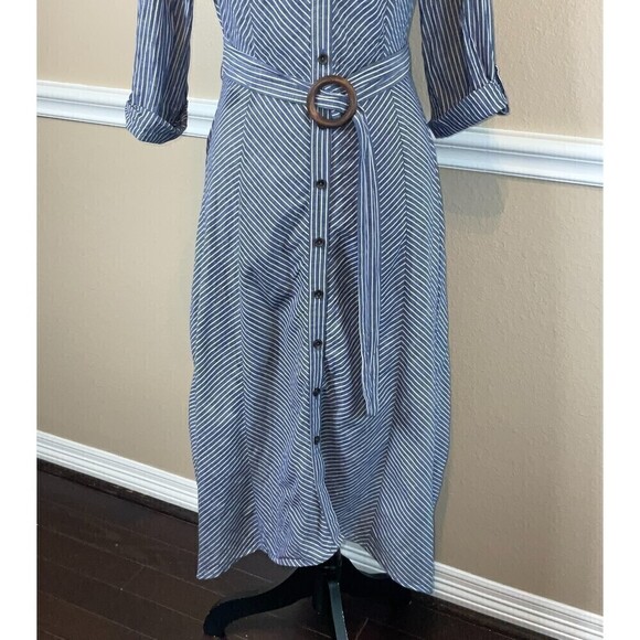 Parallel Skies Blue White Dress S Pinstripe Asymmetrical Midi Nautical Coastal - Picture 7 of 12